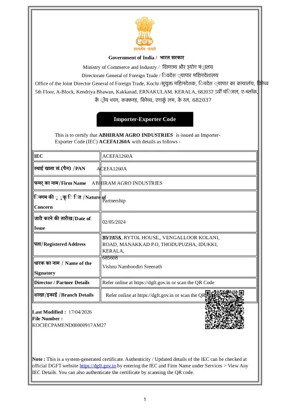 IEC Certificate Abhiram Agro Industries April 2026